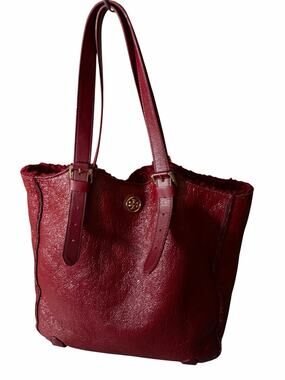 Tory Burch Channing Shearling Patent Leather Tote Red Burgundy Big Shoulder Bag
